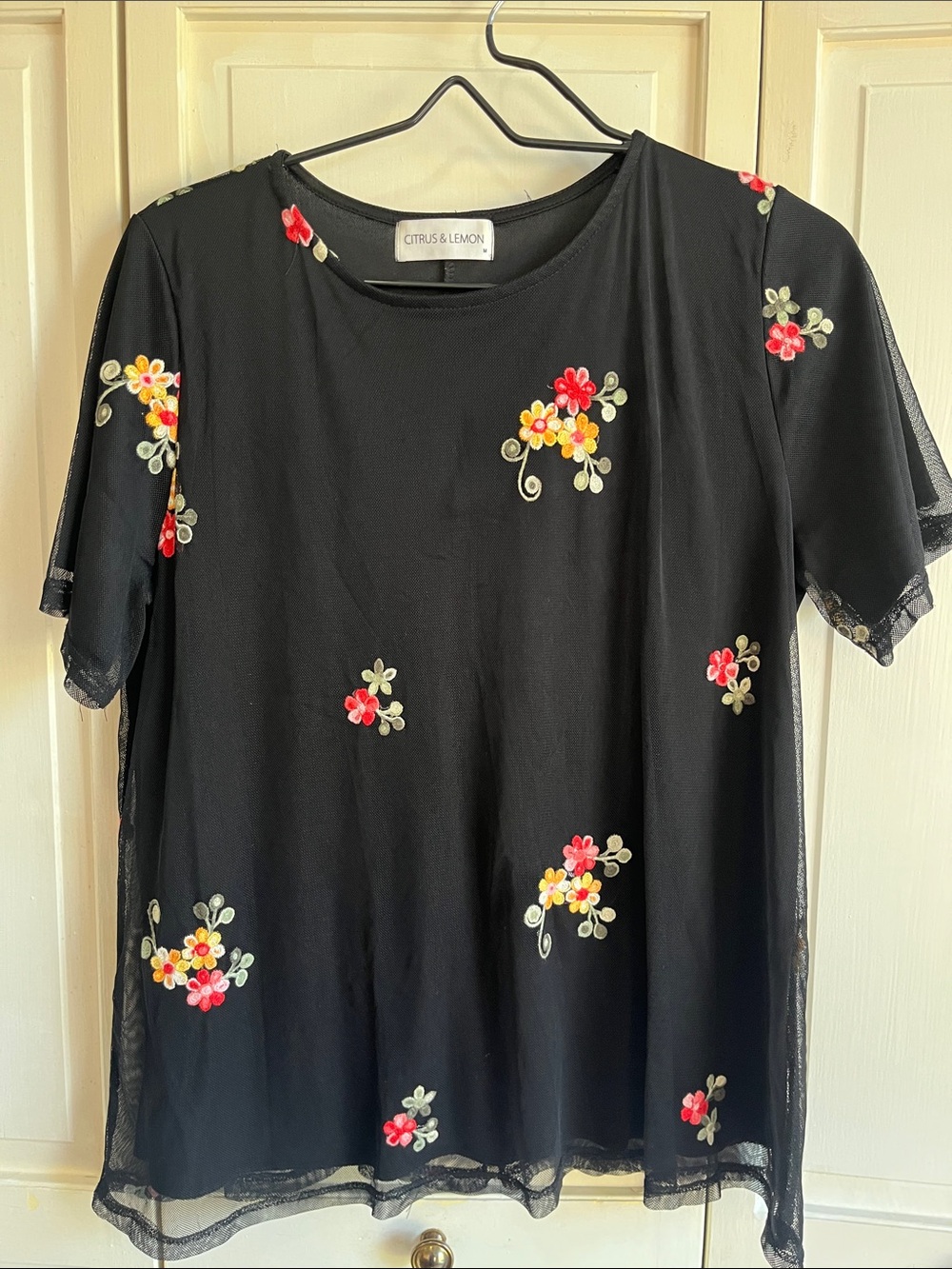 Black Floral Embroidered Short-Sleeve Top